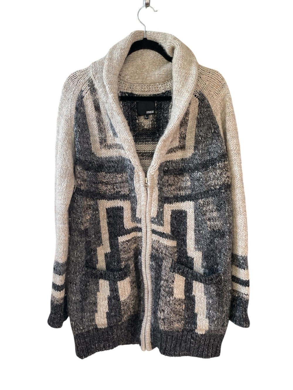 ARITZIA Wilfred Free Alpaca Wool Cowichan Zip Shawl Cardigan in Gray Cream L